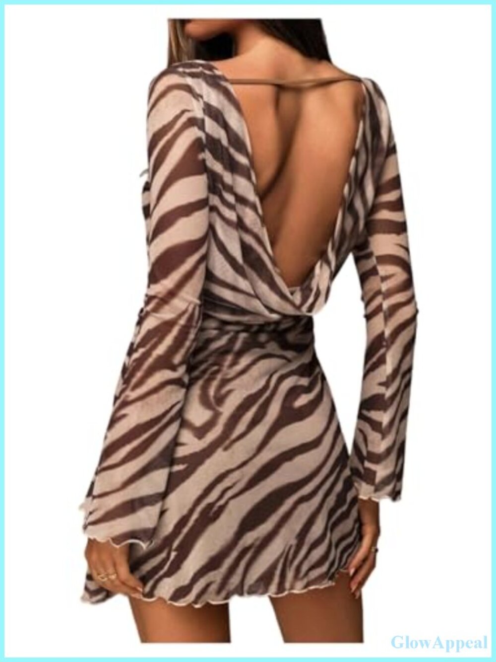 Backless Mini Dress Animal Print Long Flare Sleeve Mesh Party